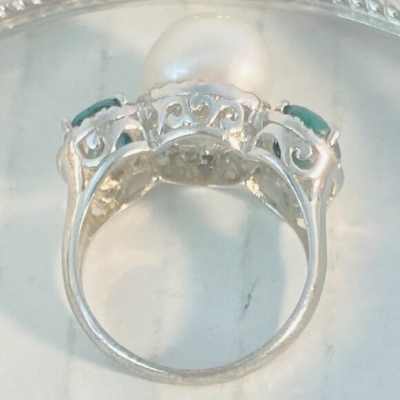 Vintage Judith Ripka Sterling Silver Pearl & Emerald Ring – Thailand 925 - Picture 8 of 9